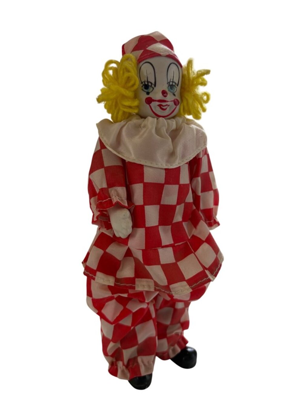 Vintage Red & White Harlequin Checkeredboard Clown Doll Yarn Hair Figurine - Picture 2 of 14